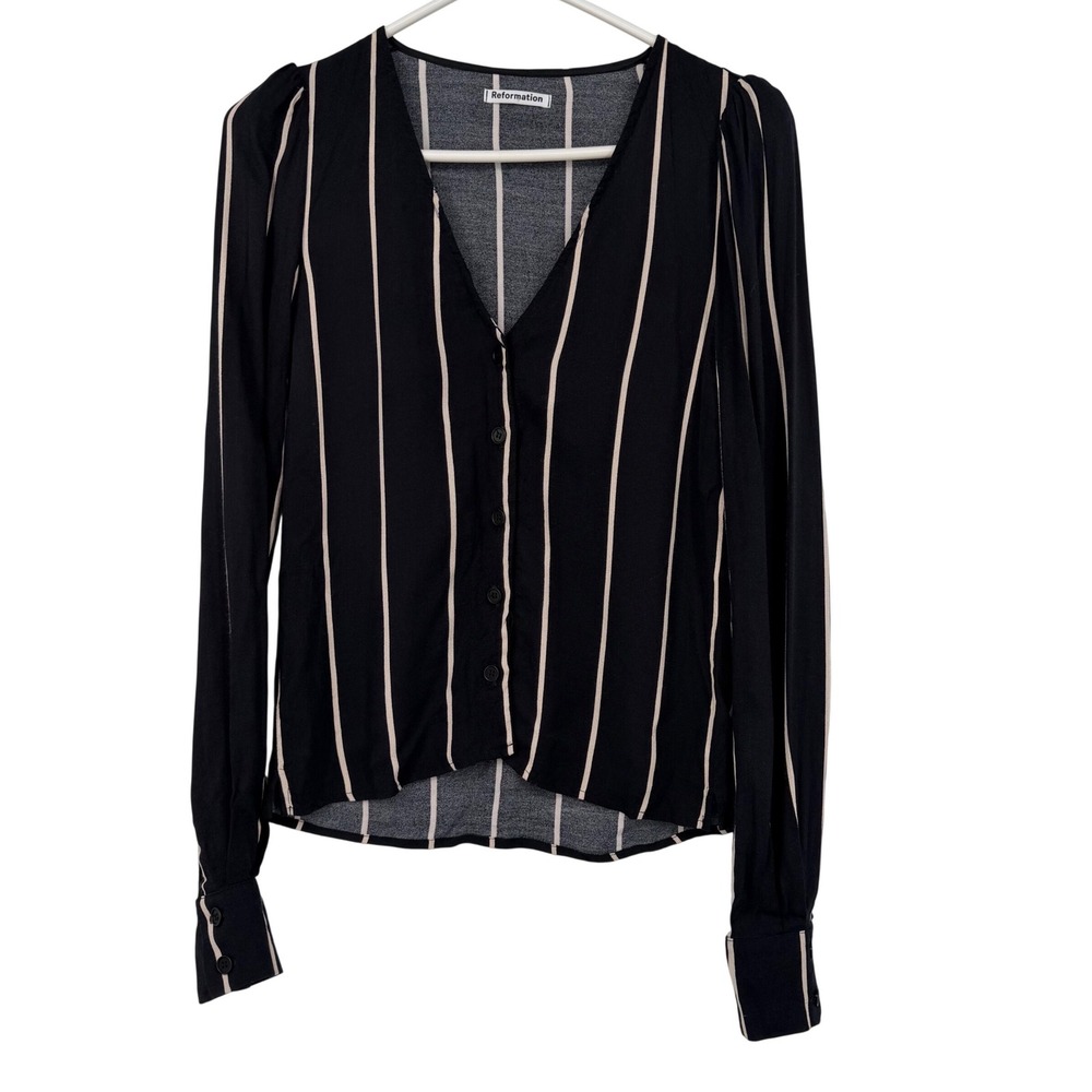 Reformation Womens‎ XS Striped Button Down V-Neck Blouse Black Cream Long Sleeve